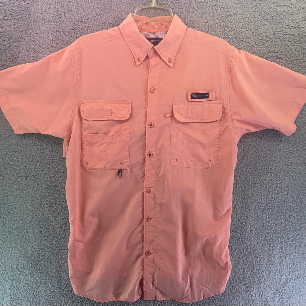 Spicy Tuna Shirt Mens Medium Vented Cape Back Short Sleeve Button Down Fishing